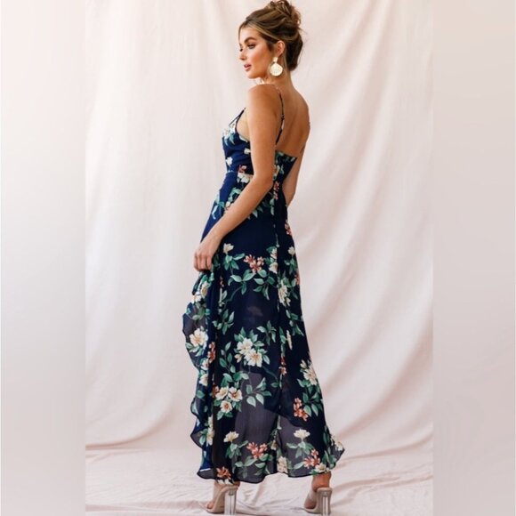 Selfie Leslie Imelda V neckline high low hem dress Floral print Navy blue SMALL - Picture 2 of 16